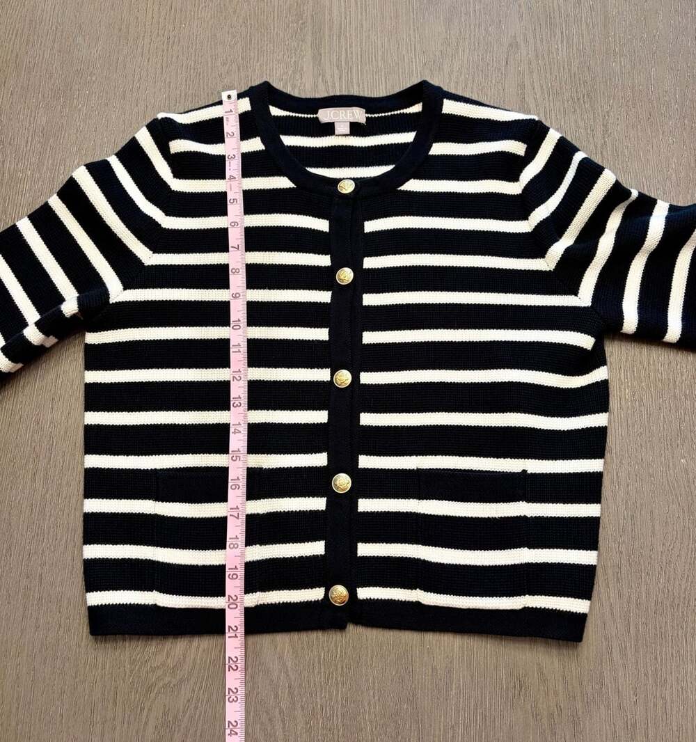 J.Crew Emilie Sweater Lady Jacket Black Ivory Stripe Gold Buttons M - Picture 7 of 9